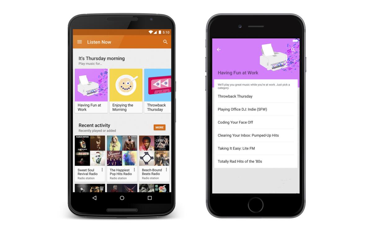 Esta combinación con imágenes de productos provista por Google muestra la app Google Play Music app con listas preparadas por expertos de Songza. (Google via AP)