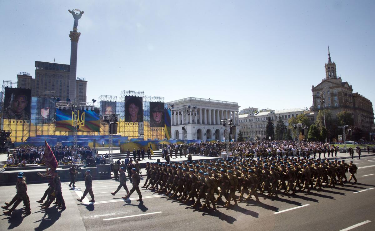 Ukrainian soldiers march through Kiev's Independence Square on Aug. 24 in observance of the 24th anniversary of the country's independence from the Soviet Union.