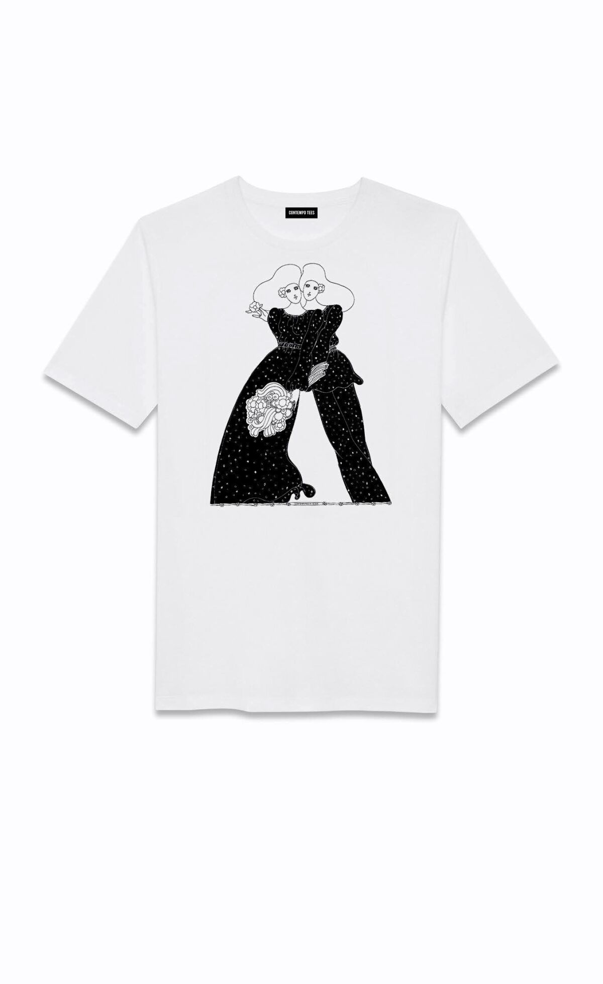 A T-shirt with a drawing of two women on it. 