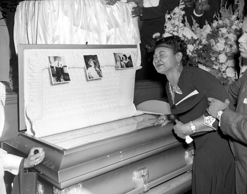 Mamie Till Mobley weeps at her son's funeral on Sept. 6, 1955, in Chicago.