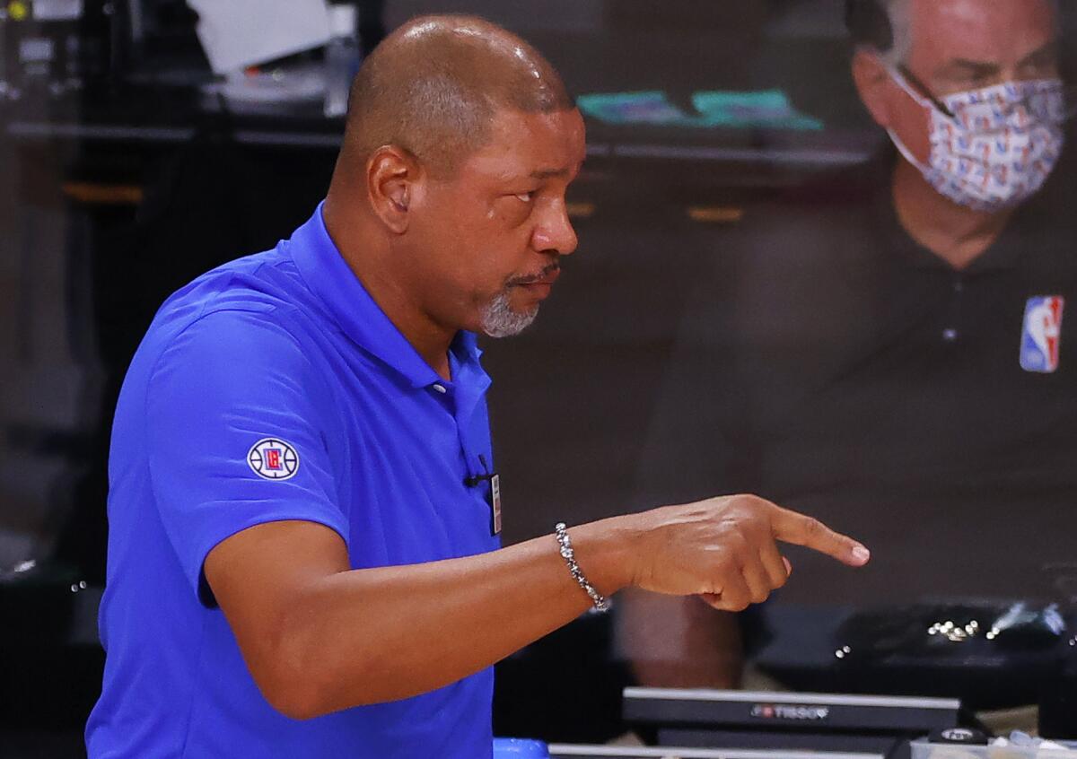 Clippers coach Doc Rivers reacts during Game 4 against Dallas on Aug. 23, 2020.