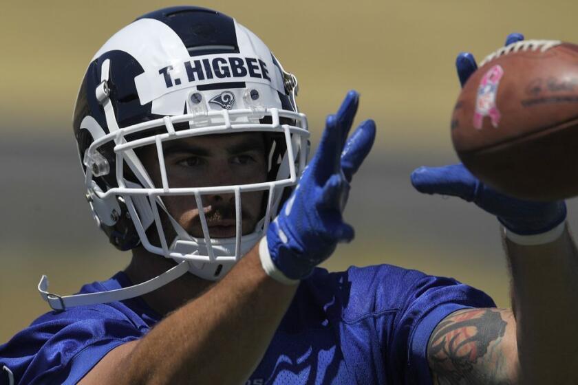 Los Angeles Rams tight end Tyler Higbee makes a catch during practice at the NFL football team's mini camp, Tuesday, June 12, 2018, in Thousand Oaks, Calif. (AP Photo/Mark J. Terrill)