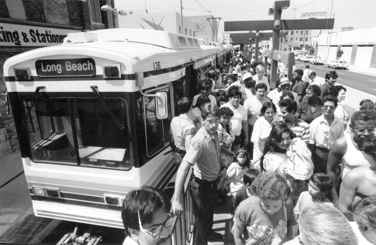 The Metro Blue Line train from Long Beach ends at 7th and Flower streets in downtown Los Angeles on July 15, 1990.