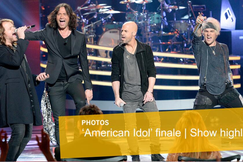 From left, Caleb Johnson, Constantine Maroulis, Chris Daughtry and James Durbin perform during the "American Idol" finale at the Dolby Theatre on April 7.