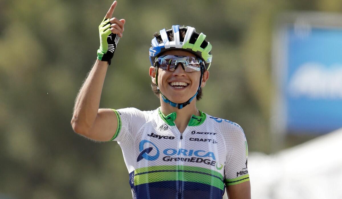 Esteban Chaves celebrates after winning the sixth stage of the Tour of California on Friday at Mountain High Ski Resort in Wrightwood.