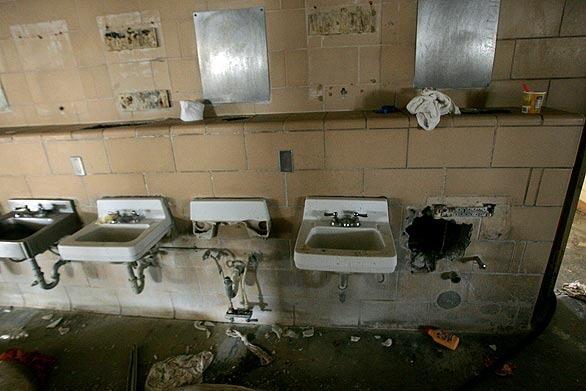 CHINO, CA - AUGUST 19, 2009: Smashed sinks at Mariposa residential hall where California Governor Arnold Schwarzenegger toured at California Institution for Men in Chino prison where prisoners rioted last week, on Wednesday August 19, 2009.