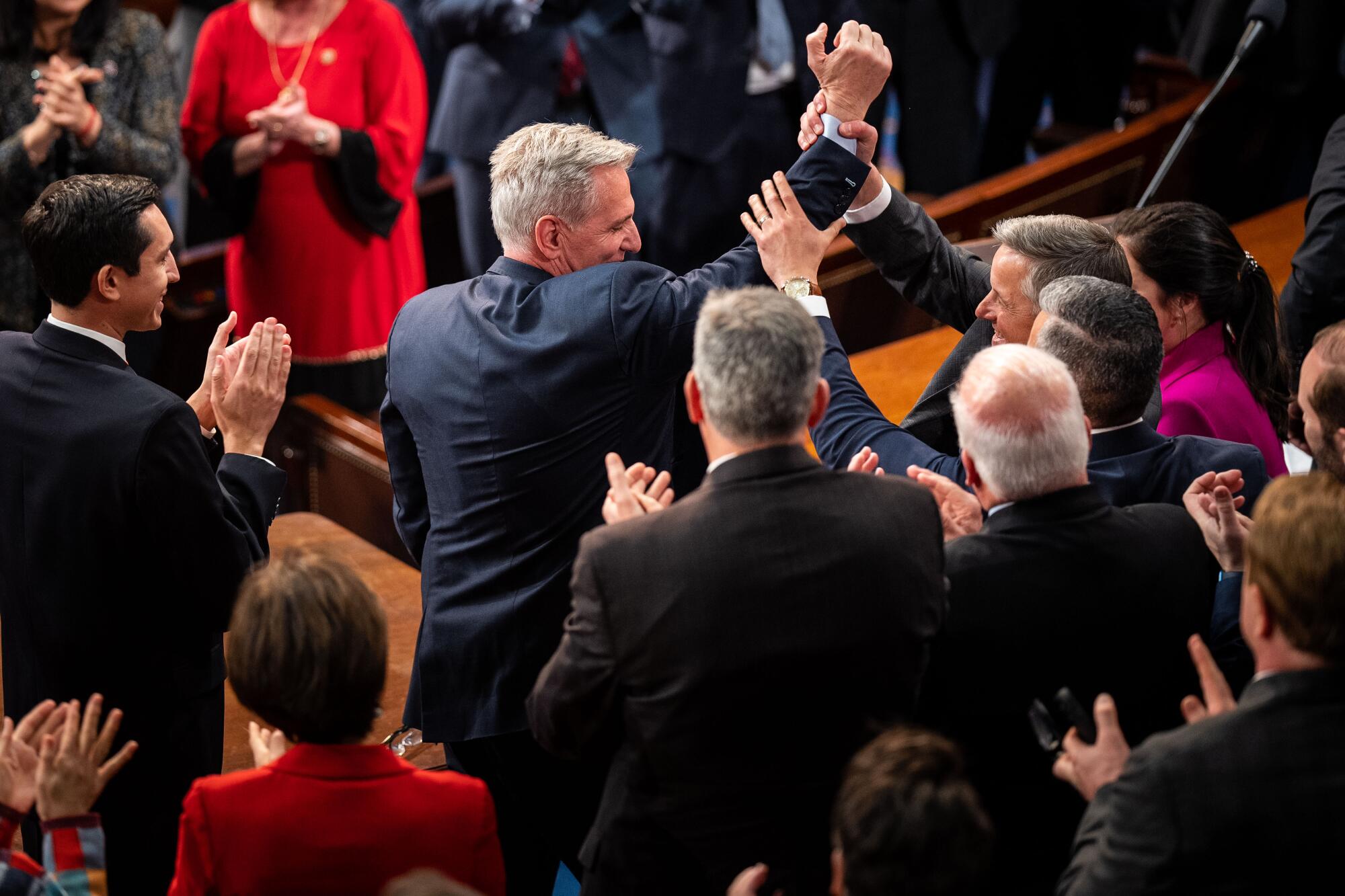 Rep. Kevin McCarthy (R-Bakersfield) cheers after he is elected speaker of the House of Representatives.