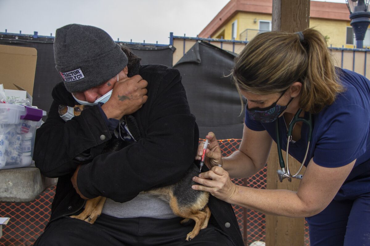 Carlos Zapien comforts his chihuahua Chiquita, while Dr. Gabrielle Rosa issues a rabies vaccine to her.