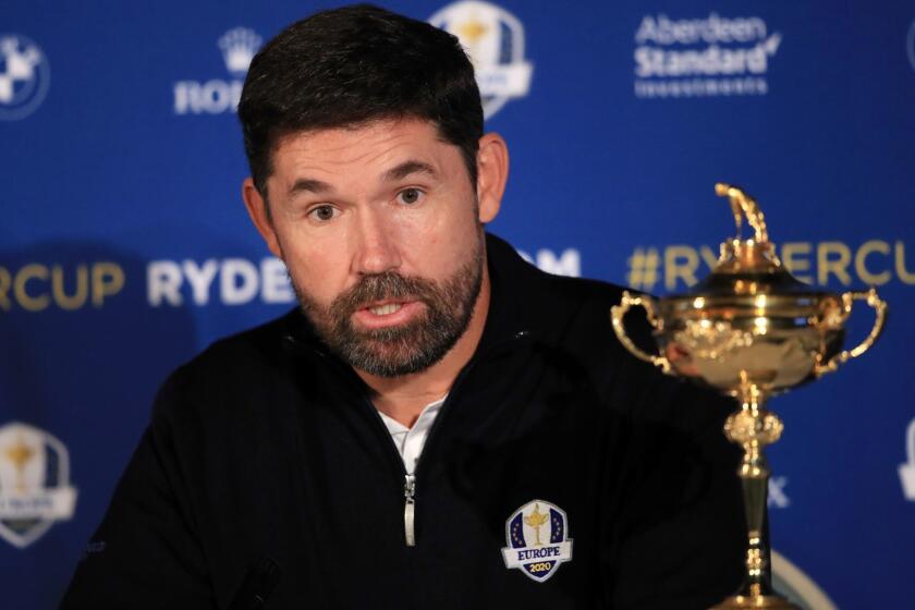 VIRGINIA WATER, ENGLAND - JANUARY 08: Padraig Harrington speaks to the media as he is named European Ryder Cup Captain for 2020 during a press conference at Wentworth on January 08, 2019 in Virginia Water, England. The 43rd Ryder Cup will be held from September 25 to 27, 2020, taking place on the Straits course at Whistling Straits, Haven, Wisconsin, United States. (Photo by Andrew Redington/Getty Images) ** OUTS - ELSENT, FPG, CM - OUTS * NM, PH, VA if sourced by CT, LA or MoD **