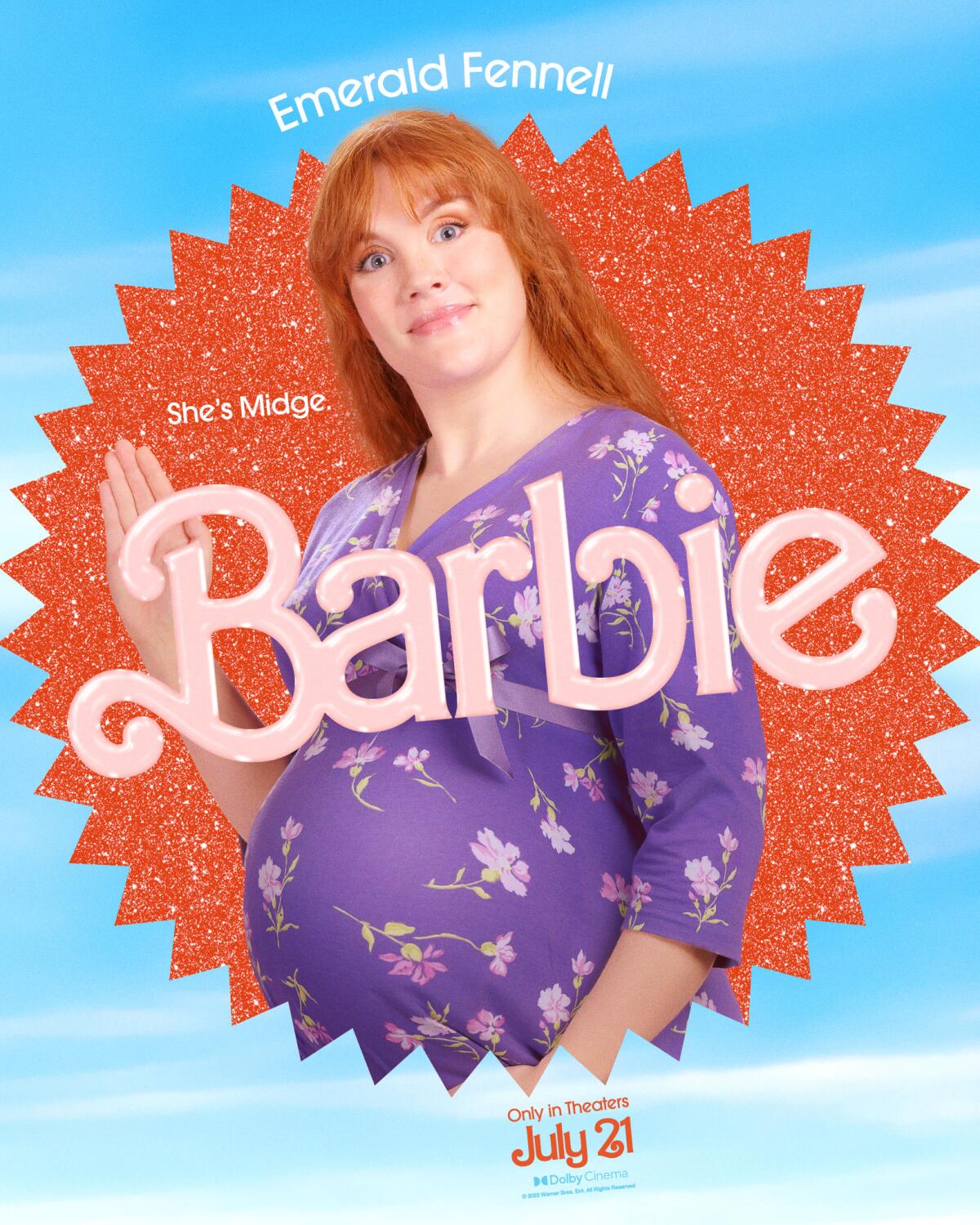 Emerald Fennell staring and waving in a "Barbie" movie poster. She appears to be pregnant and wears a purple floral dress.