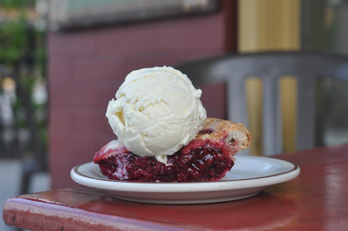 A slice of boysenberry pie with organic triple milk ice cream at the newly opened Mother Moo on Mission in South Pasadena. (Amy Scattergood / Los Angeles Times)