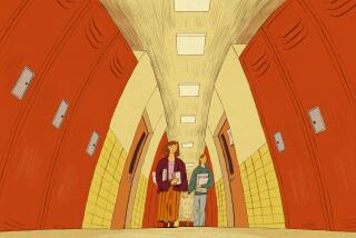 Illustration of a mother and teen daughter walking in a high school hallway shown from a low angle.