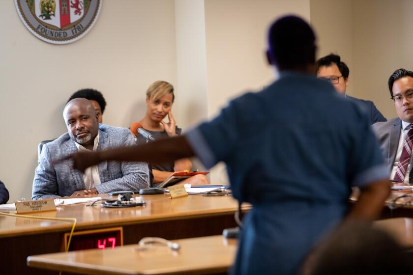 Los Angeles, CA - June 23: Rose Rios addresses the City Council rules committee with passionate comments supporting Councilman Curren Price, who faces criminal charges on Friday, June 23, 2023 in Los Angeles, CA. (Brian van der Brug / Los Angeles Times)