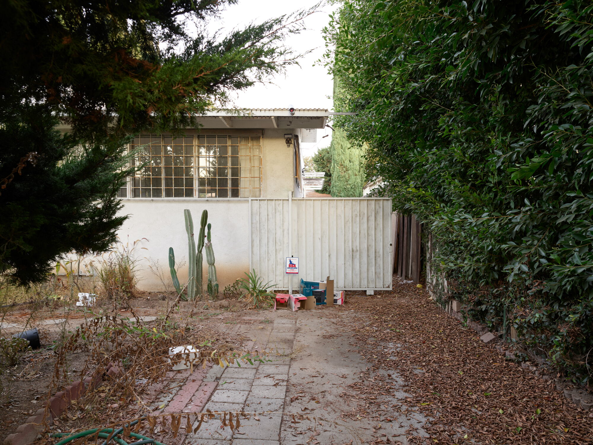 A rundown house and scraggly yard