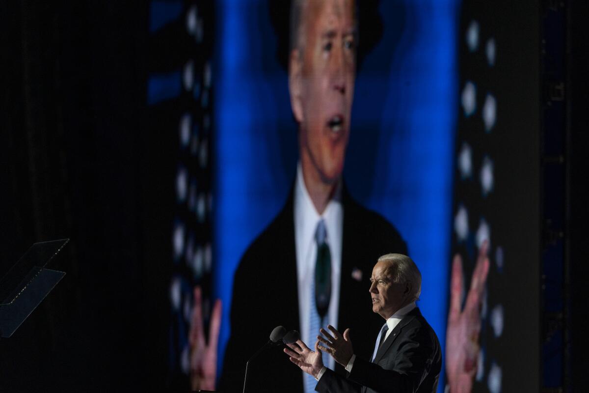 President-elect Joe Biden speaks Saturda. 