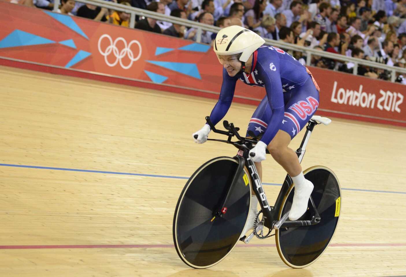 Sarah Hammer of the United States competes during the omnium 500m time trials.