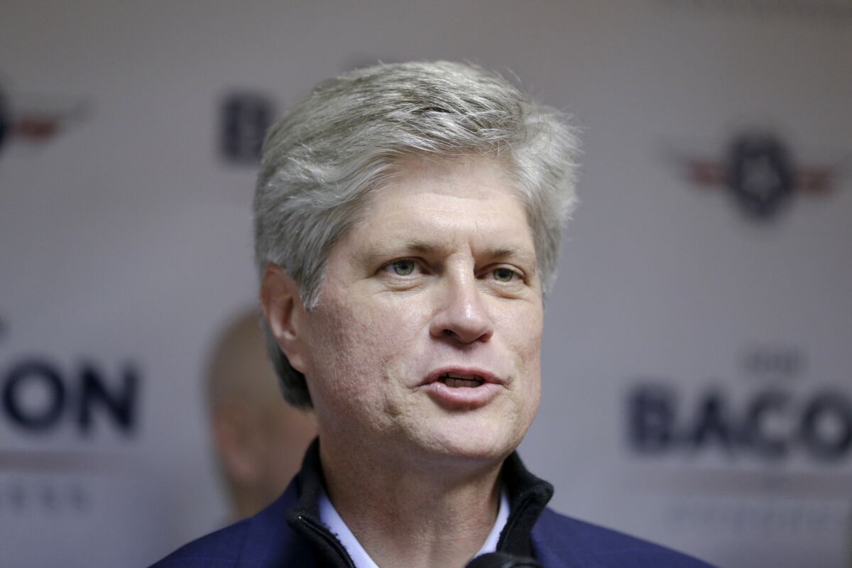 FILE - In this Nov. 2, 2018, file photo, Rep. Jeff Fortenberry, R-Neb., speaks during a campaign rally tour stop in Omaha, Neb. A federal grand jury has indicted Fortenberry, accusing him of lying to the FBI and concealing information from federal agents who were investigating campaign contributions funneled to him from a Nigerian billionaire. (AP Photo/Nati Harnik, File)