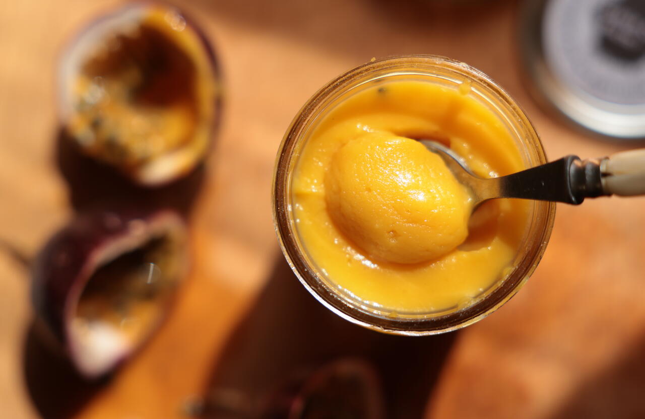 A jar of passion fruit curd at Jenny Silbert’s Little City Farm in Los Angeles