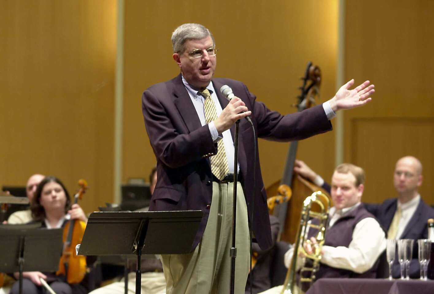 Marvin Hamlisch talks to the audience after being appointed principal pops conductor for the Buffalo Philharmonic in Buffalo, N.Y., in 2003.