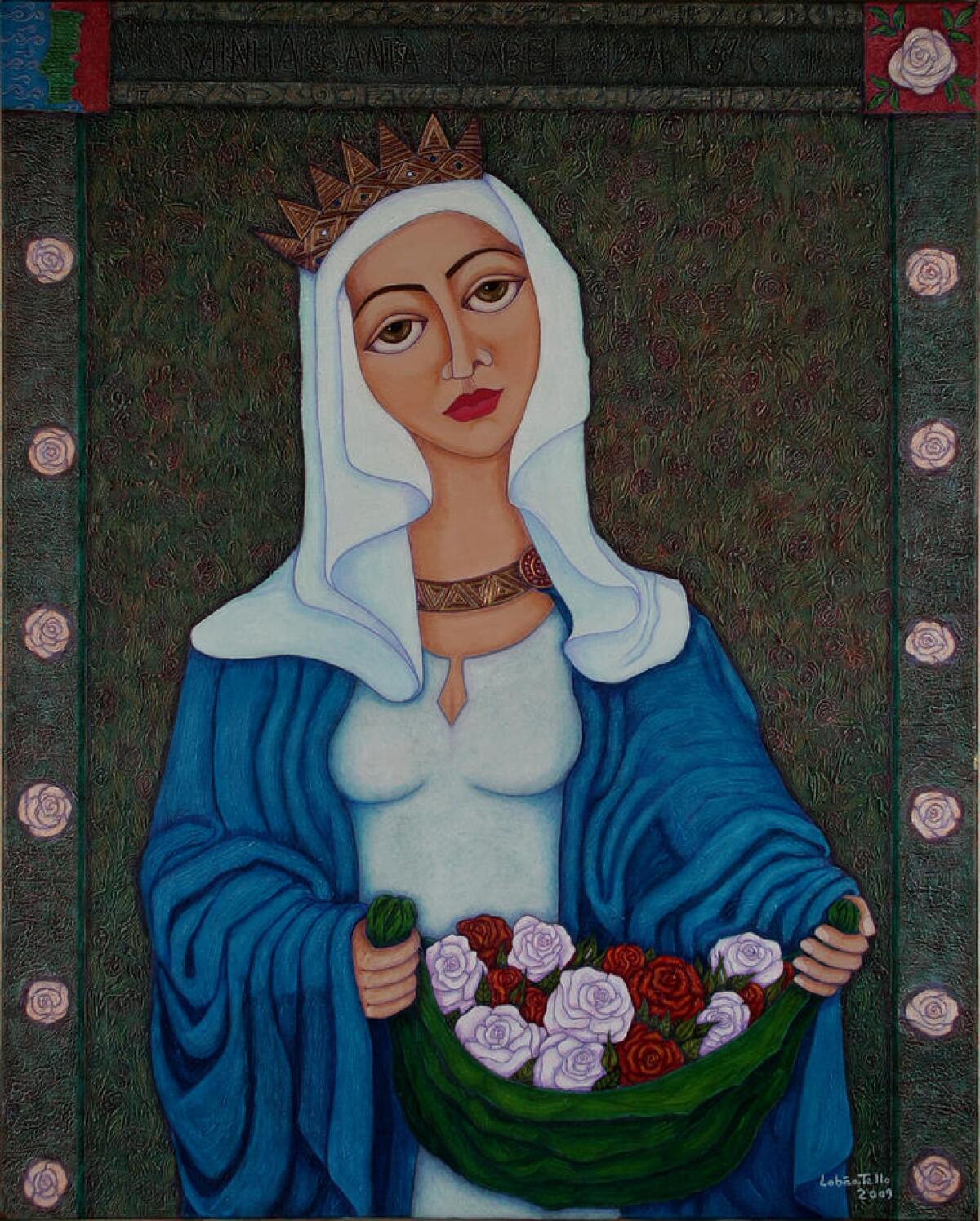 A painting of Queen St. Isabel of Portugal by Madalena Lobao-Tello depicts the miracle of roses.