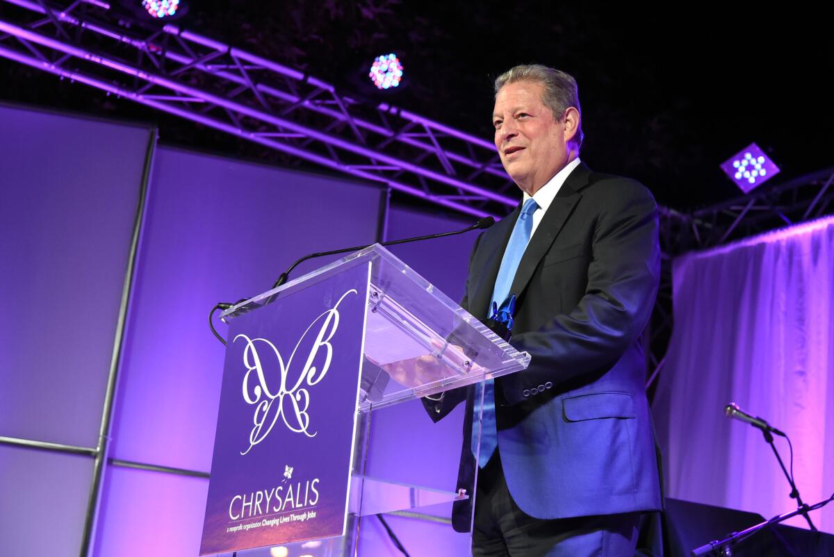 Former U.S. Vice President Al Gore speaks on stage during the Chrysalis Butterfly Ball in Los Angeles.