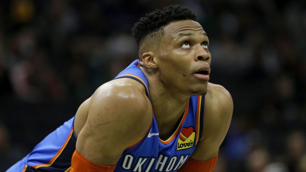 Oklahoma City's Russell Westbrook watches a free throw during the second half of a game against the Milwaukee Bucks on April 10, 2019.