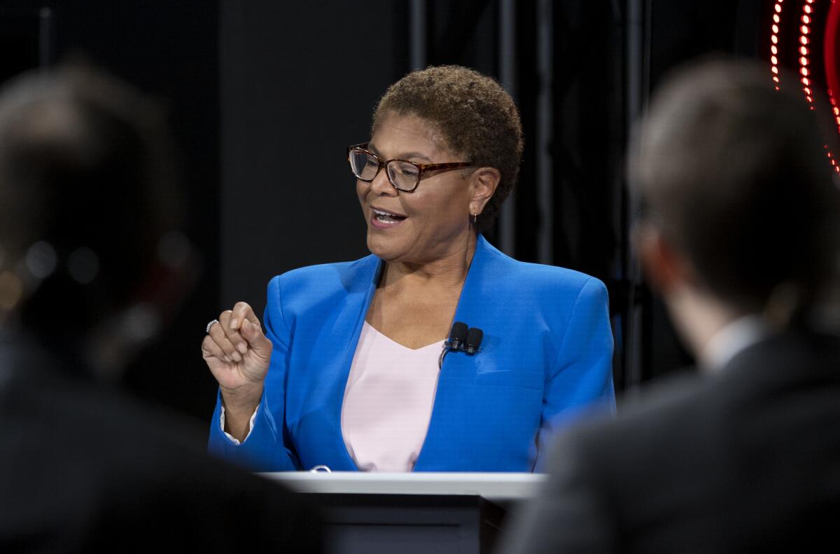 Rep. Karen Bass at the second mayoral debate hosted by KNX Newsradio.
