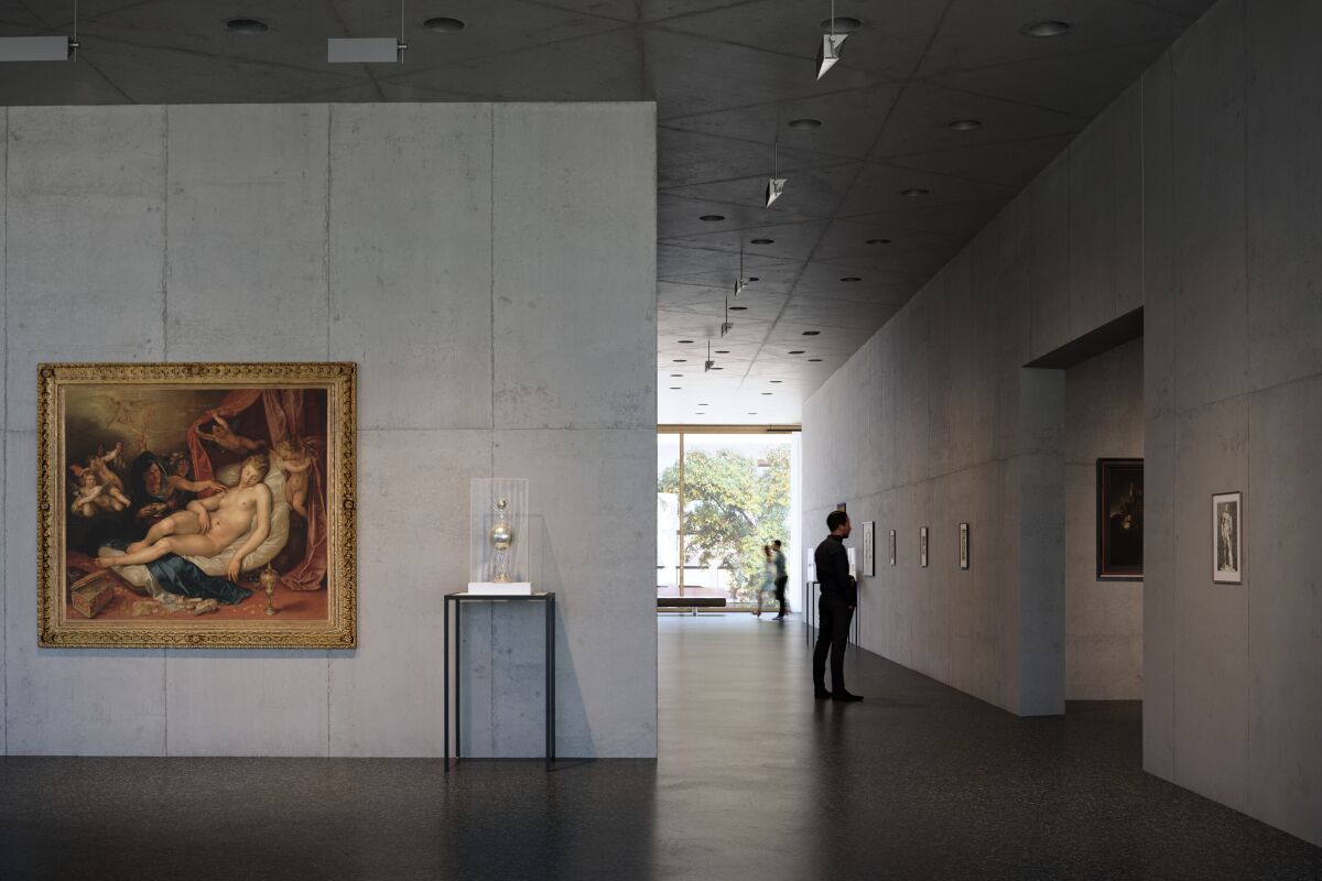 An architectural rendering shows a painting hanging in a poured concrete gallery with side light.