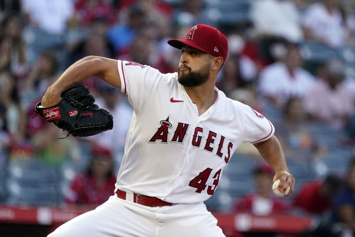 Patrick Sandoval will miss the rest of the Angels' season with a stress fracture in his back. (AP Photo/Marcio Jose Sanchez)
