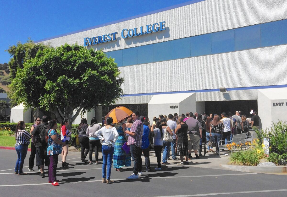 Students wait outside Everest College in City of Industry last week, hoping to get their transcripts and information on loan forgiveness and on transferring credits to other schools. The campus is among those abruptly shut down by Corinthian Colleges.