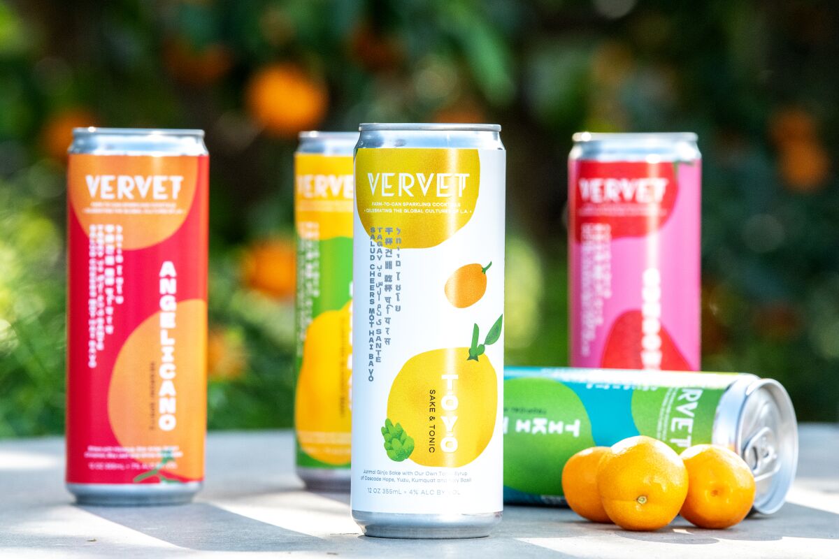 Vervet canned cocktails, including their newest flavor, Sake & Tonic, at Tarsadia Farms