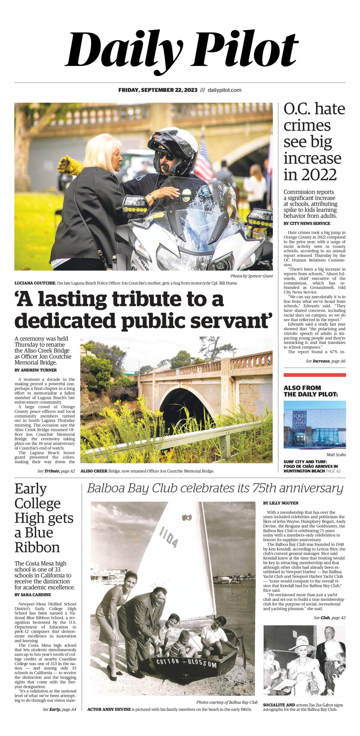 Front page of the Daily Pilot e-newspaper for Friday, Sept. 22, 2023.