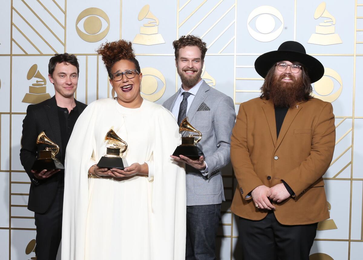 The Alabama Shakes, from left, Heath Fogg, Brittany Howard, Steve Johnson and Zac Cockrell, won three Grammys in 2016.