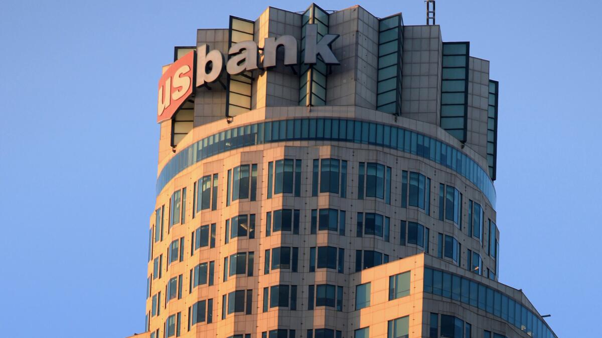 The top several floors of downtown Los Angeles' U.S. Bank Tower in 2013.