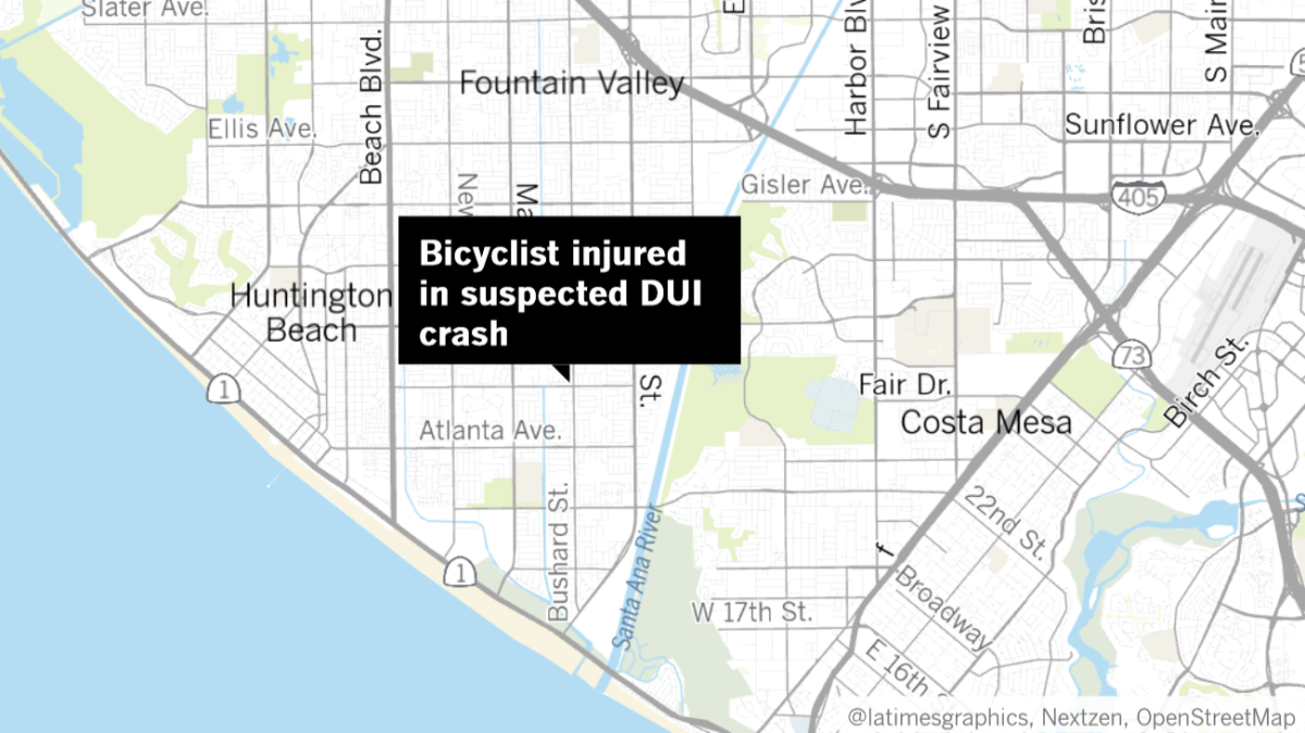 A 23-year-old Costa Mesa man was arrested Sunday on suspicion of driving under the influence of alcohol in connection with a crash involving two other vehicles and a bicyclist, who was injured.