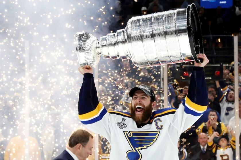 BOSTON, MASSACHUSETTS - JUNE 12: Alex Pietrangelo #27 of the St. Louis Blues celebrates with the Stanley Cup after defeating the Boston Bruins in Game Seven to win the 2019 NHL Stanley Cup Final at TD Garden on June 12, 2019 in Boston, Massachusetts. (Photo by Bruce Bennett/Getty Images) ** OUTS - ELSENT, FPG, CM - OUTS * NM, PH, VA if sourced by CT, LA or MoD **