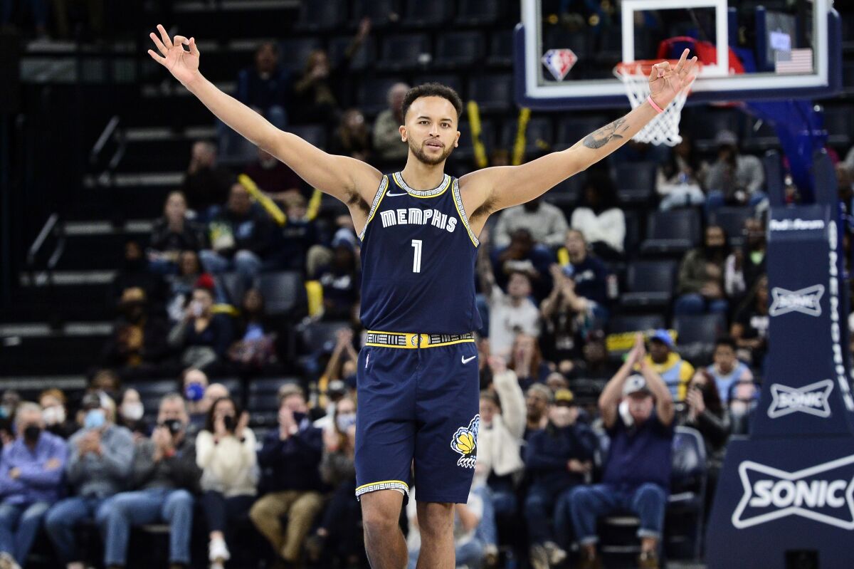Memphis Grizzlies forward Kyle Anderson reacts during the second half of the team's NBA basketball game against the Houston Rockets on Monday, Nov. 15, 2021, in Memphis, Tenn. (AP Photo/Brandon Dill)