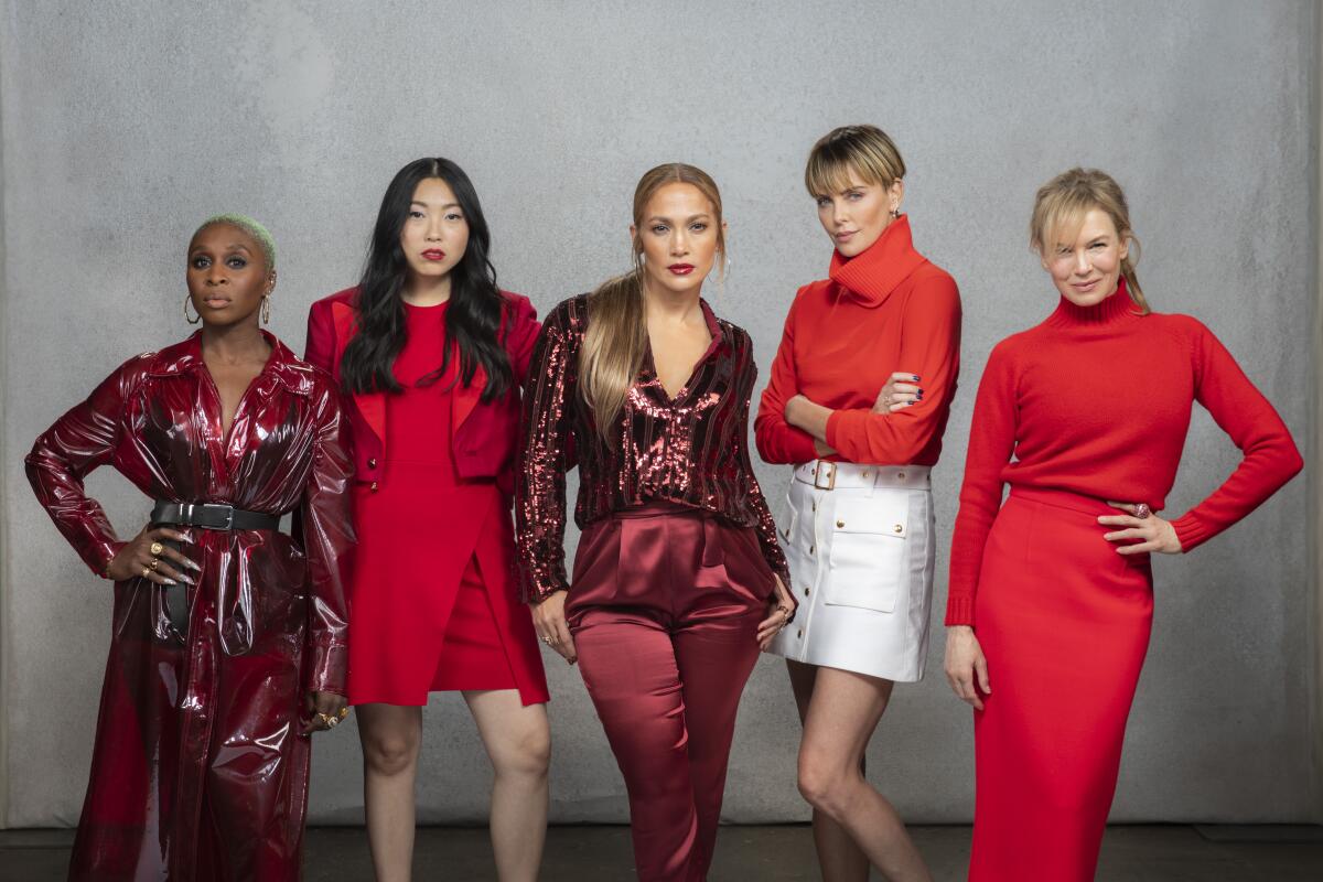 Cynthia Erivo, Awkwafina, Jennifer Lopez, Charlize Theron and Renée Zellweger at the Los Angeles Times’ Envelope actress roundtable. 