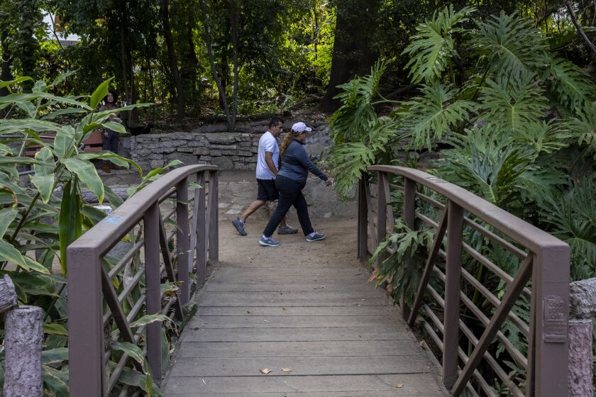 Los Angeles, CA - August 24,2021: Visitors walk past a foot bridge in Griffith Park on the Fern Dell Nature Trail on Tuesday, Aug. 24, 2021 in Los Angeles, CA. (Brian van der Brug / Los Angeles Times)