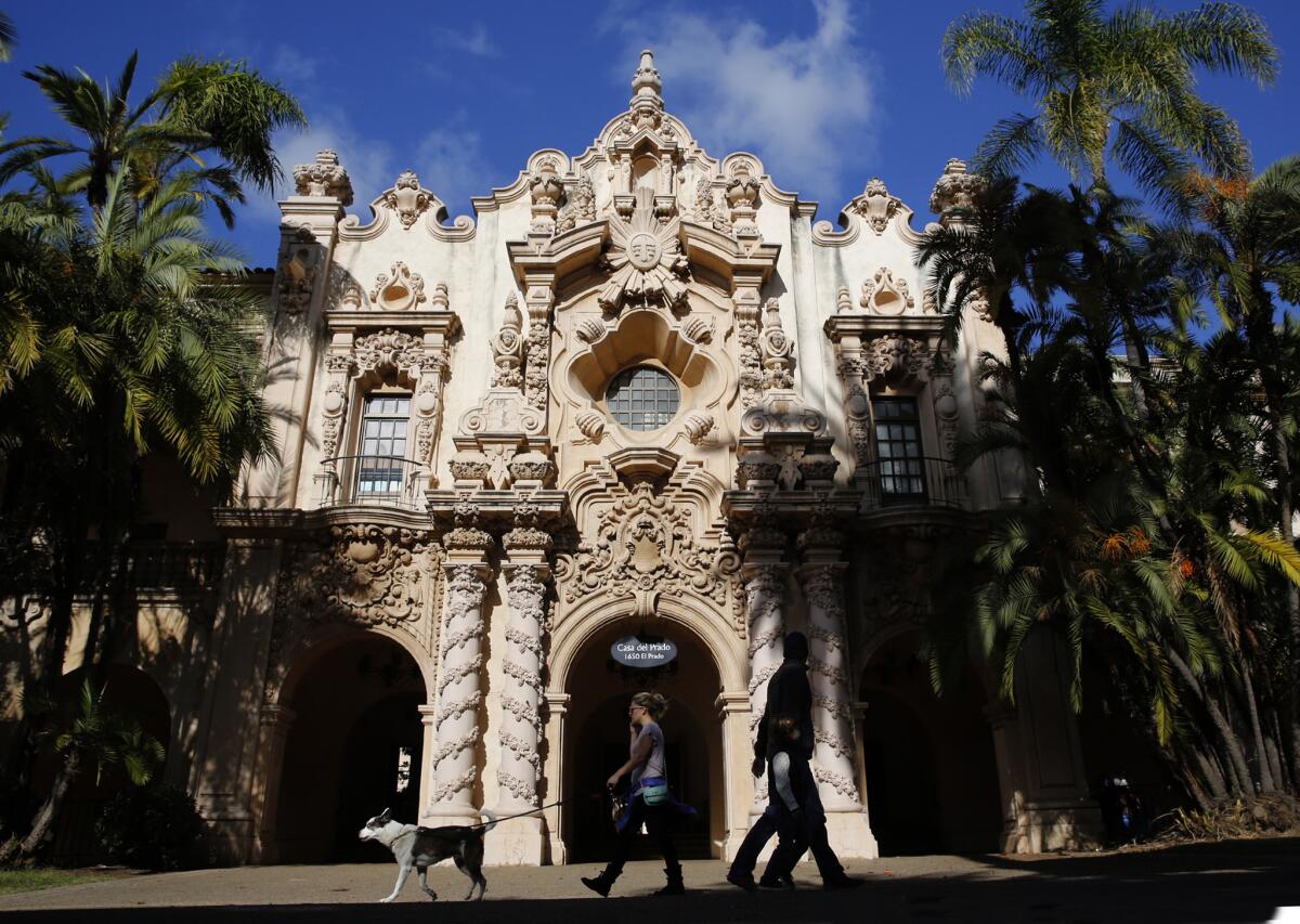 The Casa del Prado, along a pedestrian promenade in San Diego's Balboa Park boasts extensive ornamentation. The genre's popularity really took off after a 1915 expo in the park whose buildings brought back the glamour of "the old Spanish days."