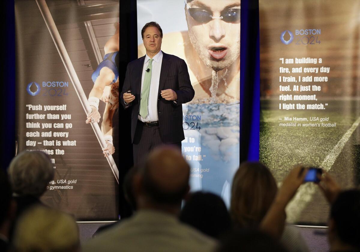 Boston 2024 chairman Steve Pagliuca speaks during the release of the Boston 2024 Partnership's updated plans for the Olympic and Paralympic games at the Boston Convention and Exhibition Center on June 29.