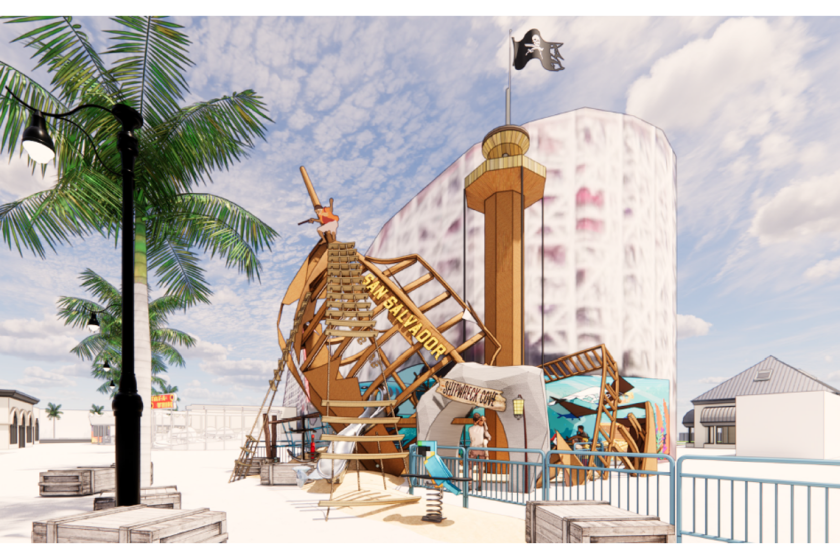 Rendering showing play structure alongside Shipwreck Cove tower ride.