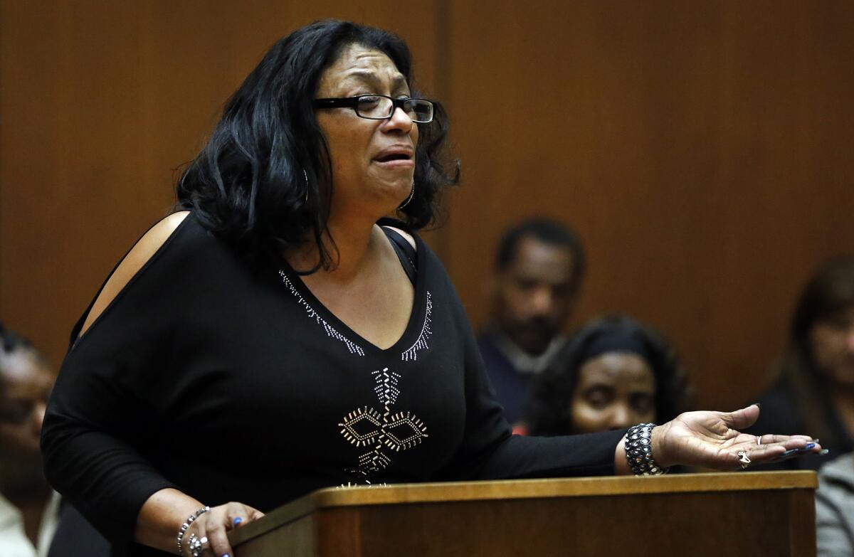 Enietra Washington, the only known survivor of the serial killer known as the Grim Sleeper, addresses Lonnie Franklin Jr., the man accused of attacking her, in February 2015.