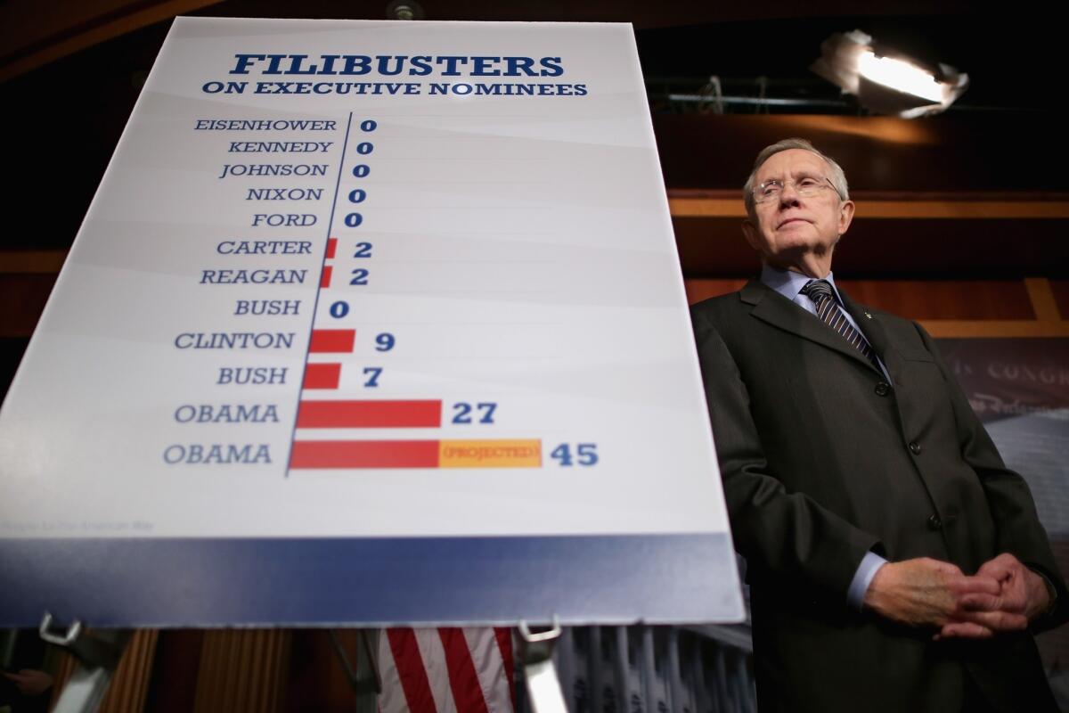 Senate Majority Leader Harry Reid (D-Nev.) in November makes his case for employing the "nuclear option" to change Senate rules on filibusters for most presidential nominations.
