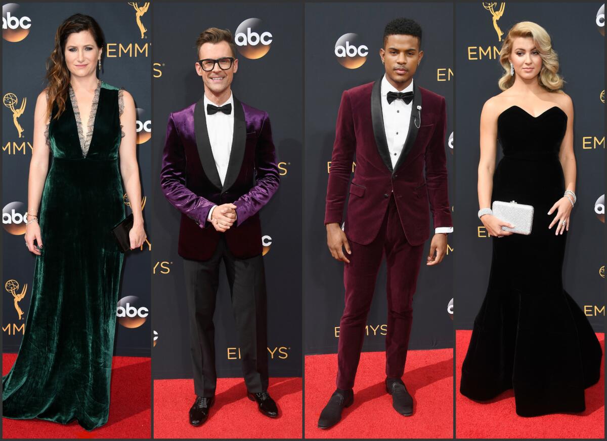 Kathryn Hahn, left, Brad Goreski, Trevor Jackson and Tori Kelly arrive at the 68th Primetime Emmy Awards on Sunday at the Microsoft Theater in Los Angeles.
