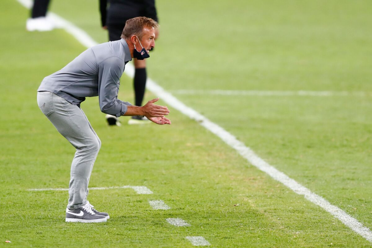 U.S. coach Jason Kreis gives instructions to his players against Mexico on March 24, 2021, in Guadalajara, Mexico.