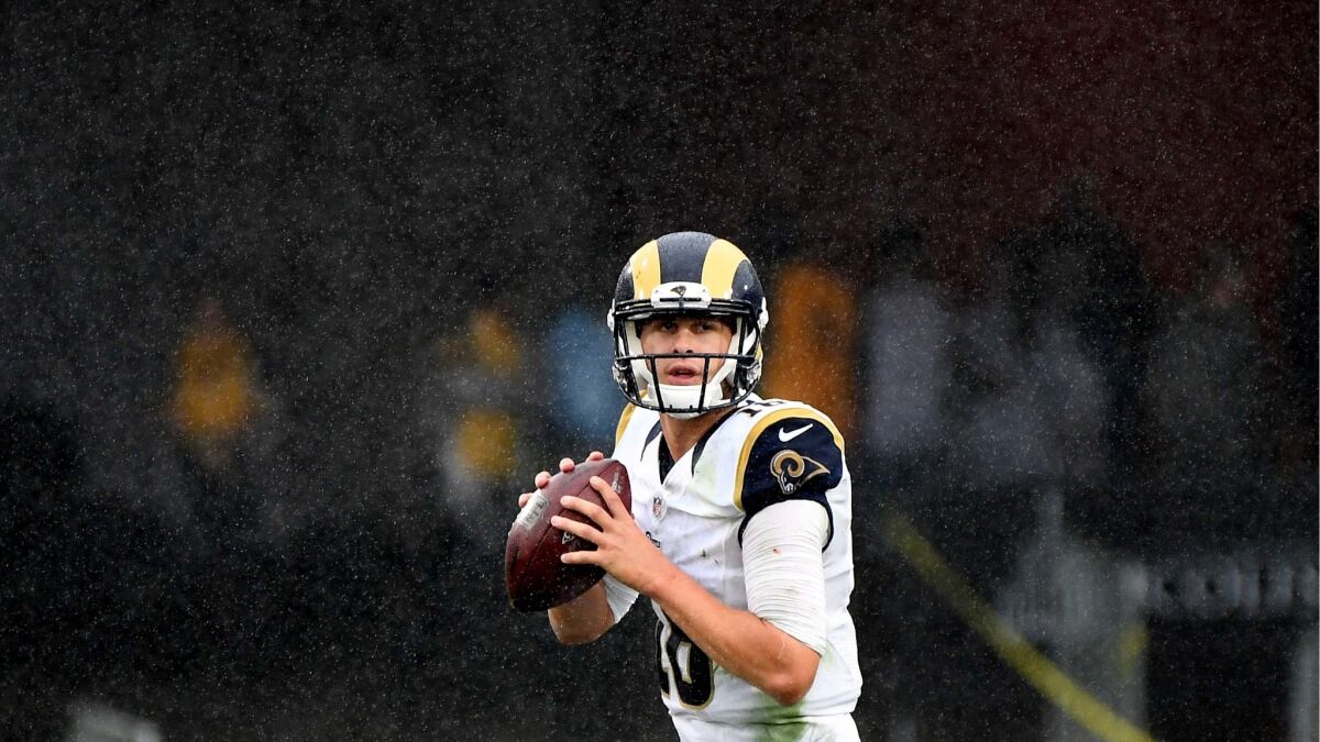 Rams quarterback Jared Goff looks to throw a pass against the Dolphins last season.