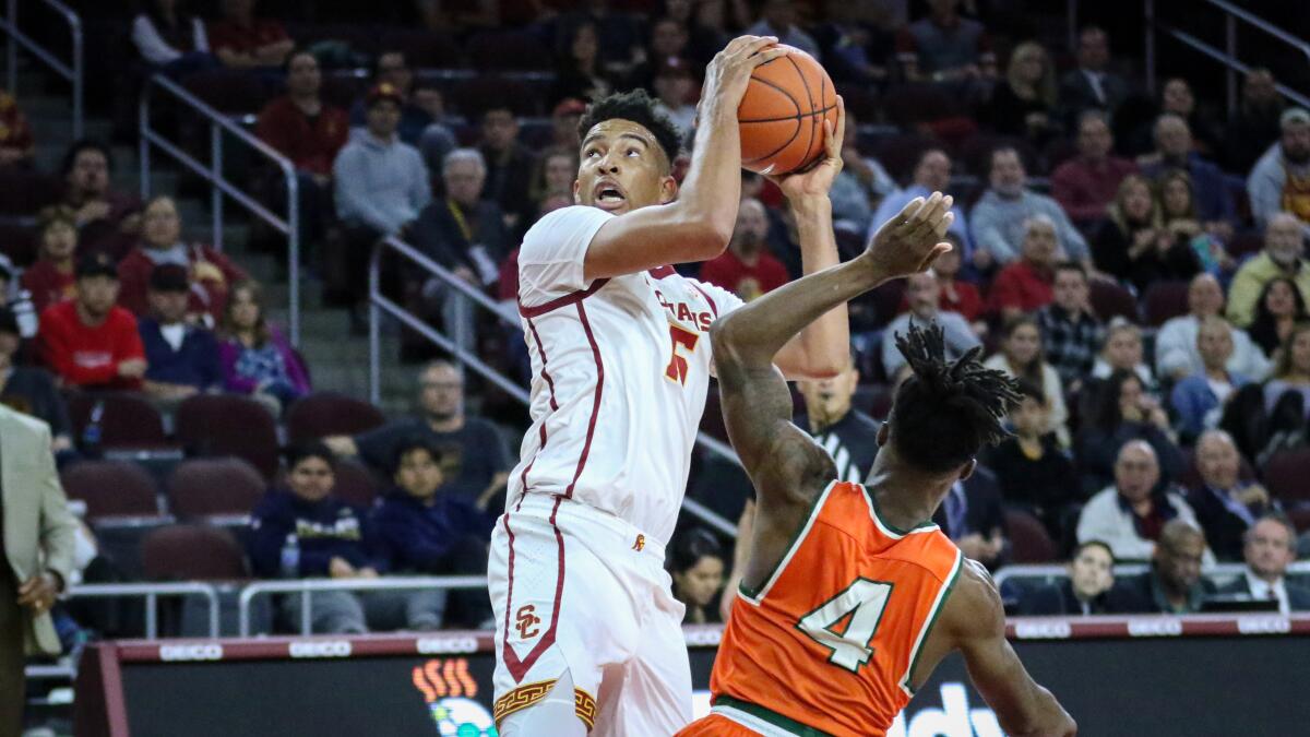 USC freshman forward Isaiah Mobley is fouled by Florida A&M guard Rod Melton Jr.