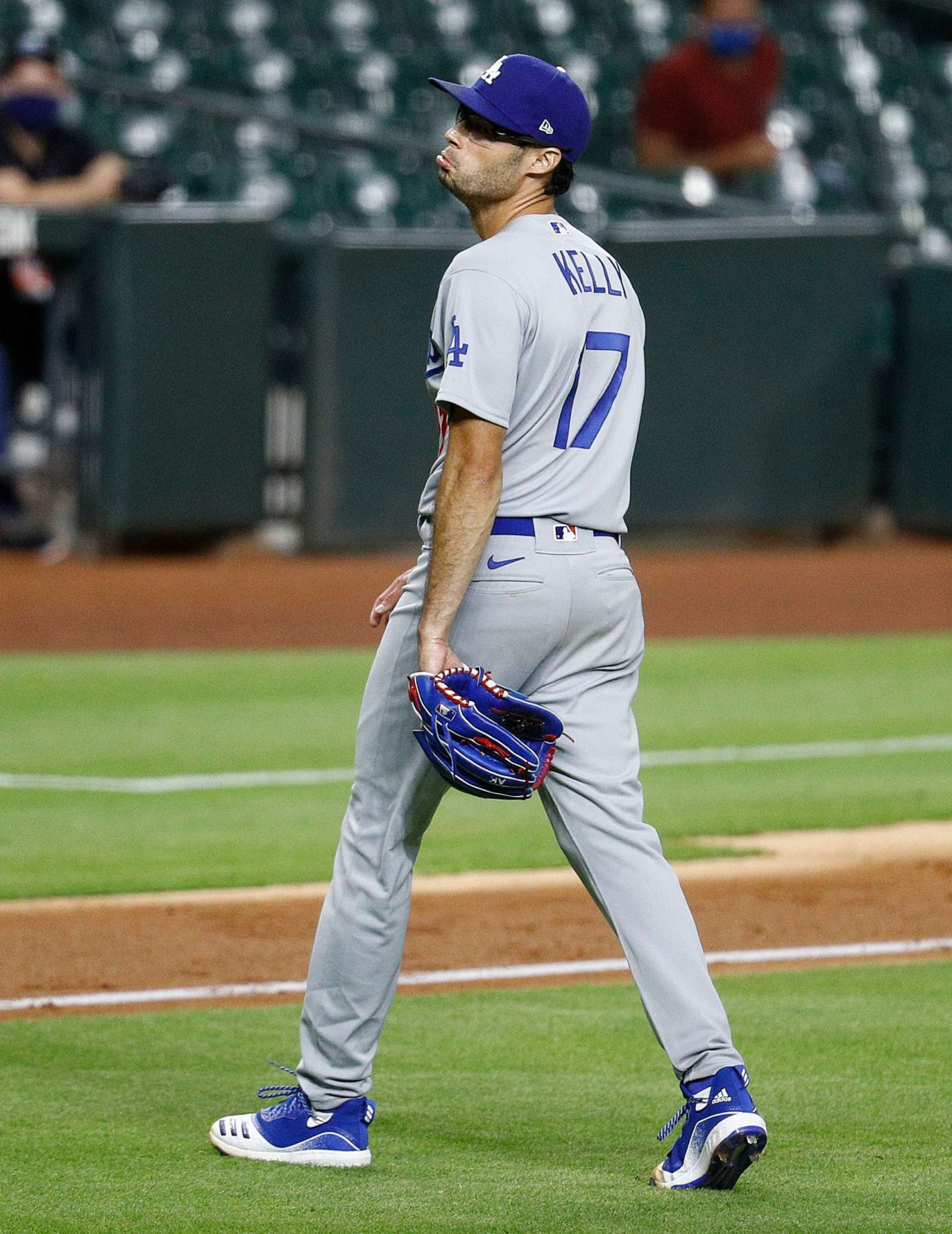 Dodgers pitcher Joe Kelly makes his now-famous pouty face toward Houston's Carlos Correa.
