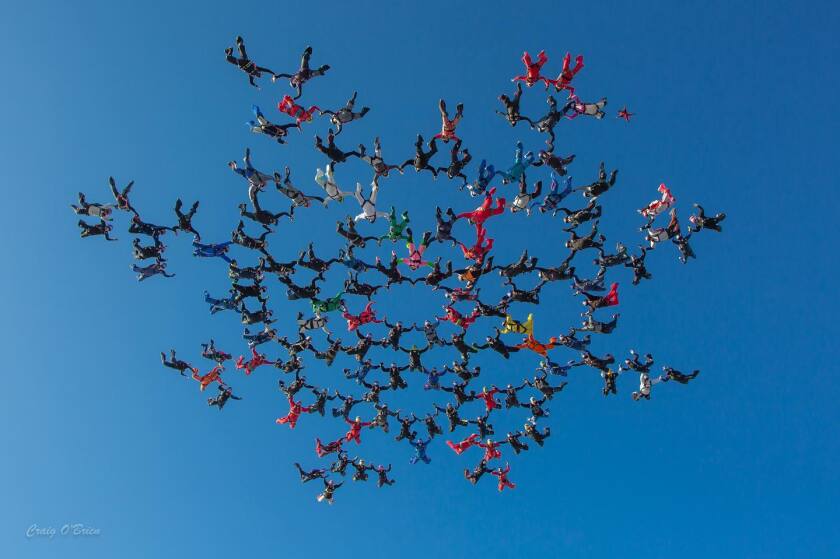 Skydivers create a formation similar to what will be attempted by about 100 skydivers older than 60 in early April.